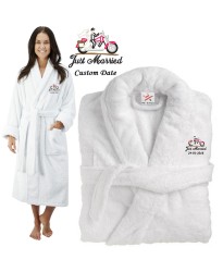 Deluxe Terry cotton with Just Married Bride & Groom on Bike CUSTOM TEXT Embroidery bathrobe