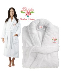 Deluxe Terry cotton with Bride with floral borders CUSTOM TEXT Embroidery bathrobe