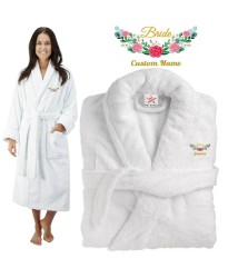 Deluxe Terry cotton with floral bride badge CUSTOM TEXT Embroidery bathrobe
