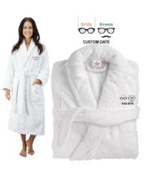 Deluxe Terry cotton with bride and groom glasses CUSTOM TEXT Embroidery bathrobe
