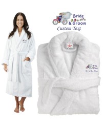 Deluxe Terry cotton with bride and groom bike ride CUSTOM TEXT Embroidery bathrobe