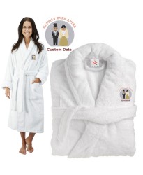 Deluxe Terry cotton with bride & groom happily ever after CUSTOM TEXT Embroidery bathrobe