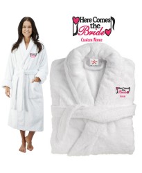 Deluxe Terry cotton with here comes the bride musical notes CUSTOM TEXT Embroidery bathrobe