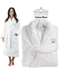 Deluxe Terry cotton with here comes the bride with crown CUSTOM TEXT Embroidery bathrobe