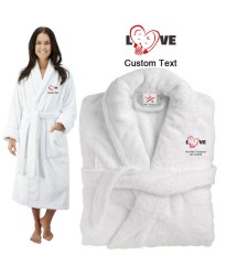 Deluxe Terry cotton with him her love heart graphic CUSTOM TEXT Embroidery bathrobe