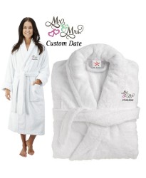 Deluxe Terry cotton with MR & MRS WITH CURLY HEARTS CUSTOM TEXT Embroidery bathrobe