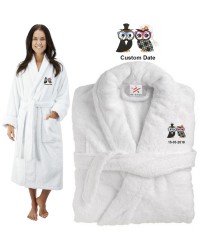Deluxe Terry cotton with him her owl couple CUSTOM TEXT Embroidery bathrobe