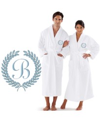 A Custom ORGANIC Luxury Velour Striped with Laurel CUSTOM initial Embroidery on FRONT of bathrobe