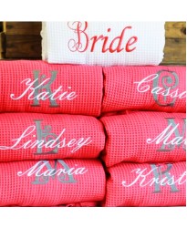 White Bride Red Bridesmaid set Waffle robe with custom back Embroidery