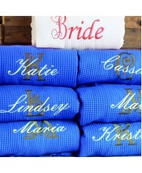 A White Bride ROYAL Bridesmaid set Waffle robe with custom back Embroidery