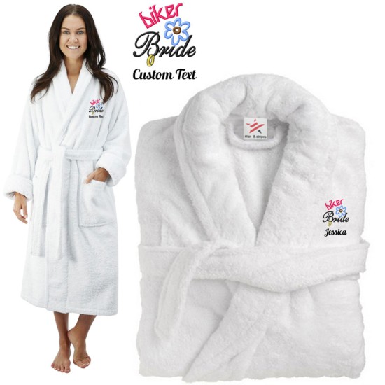 Deluxe Terry cotton with biker bride CUSTOM TEXT Embroidery bathrobe