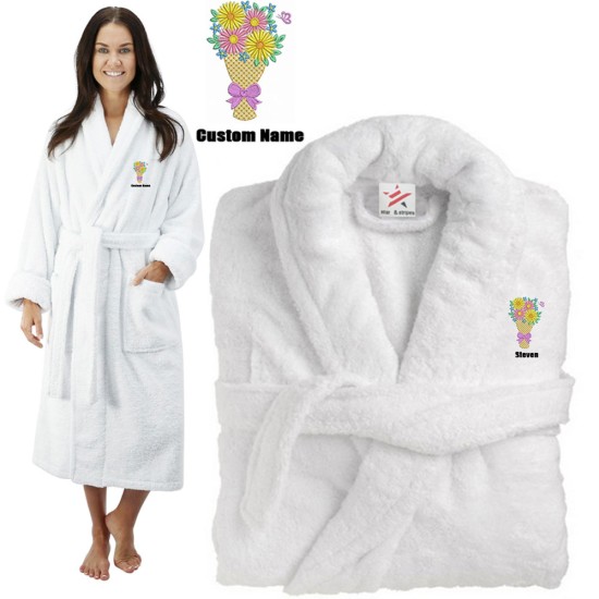 Deluxe Terry cotton with flower bouquet CUSTOM TEXT Embroidery bathrobe
