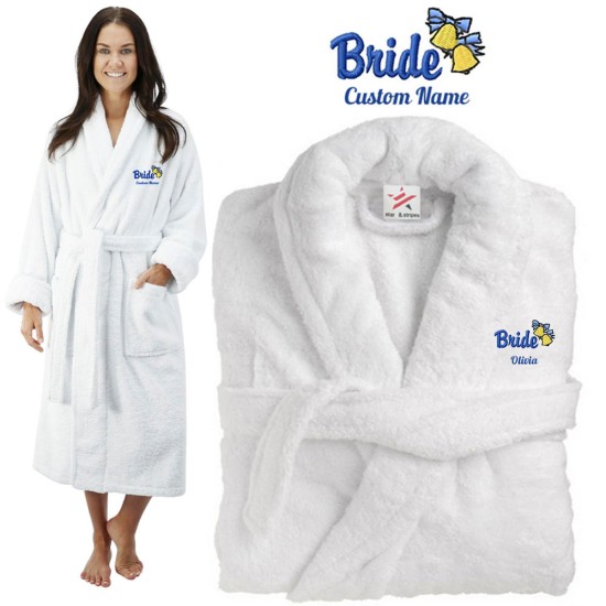 Deluxe Terry cotton with bride bells and bow design CUSTOM TEXT Embroidery bathrobe