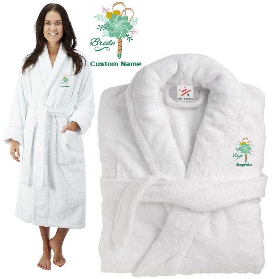 Deluxe Terry cotton with floral bride bouquet CUSTOM TEXT Embroidery bathrobe