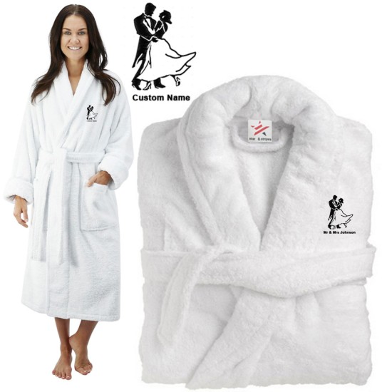 Deluxe Terry cotton with Bride & Groom Dance silhouette CUSTOM TEXT Embroidery bathrobe