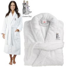 Deluxe Terry cotton with bride and groom graphic CUSTOM TEXT Embroidery bathrobe
