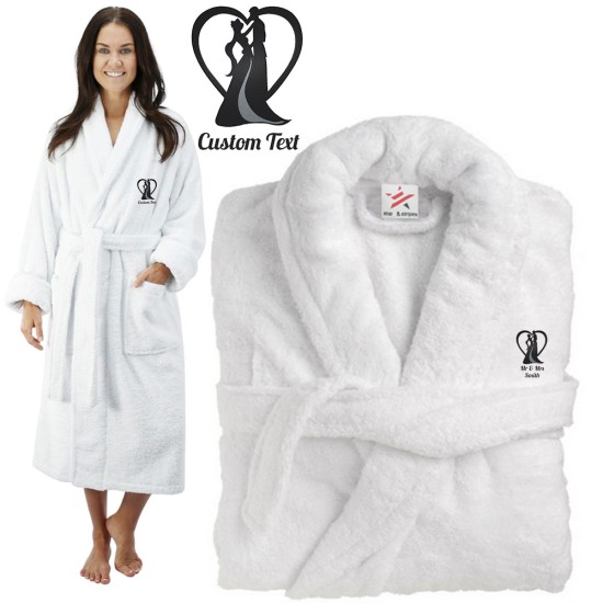 Deluxe Terry cotton with Bride and Groom Romance silhouette CUSTOM TEXT Embroidery bathrobe