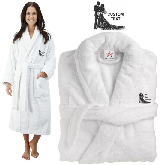 Deluxe Terry cotton with Bride and Groom beautiful silhouette CUSTOM TEXT Embroidery bathrobe