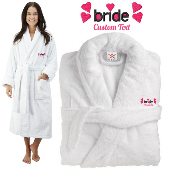 Deluxe Terry cotton with Bride with cute hearts CUSTOM TEXT Embroidery bathrobe