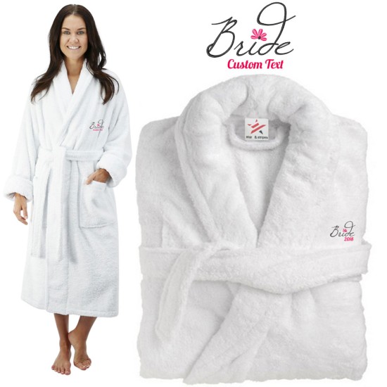 Deluxe Terry cotton with bride pink with flower CUSTOM TEXT Embroidery bathrobe