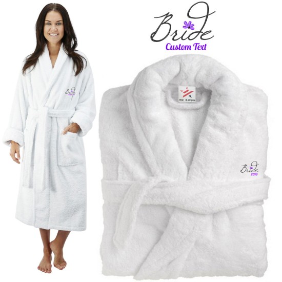 Deluxe Terry cotton with bride purple with flower CUSTOM TEXT Embroidery bathrobe