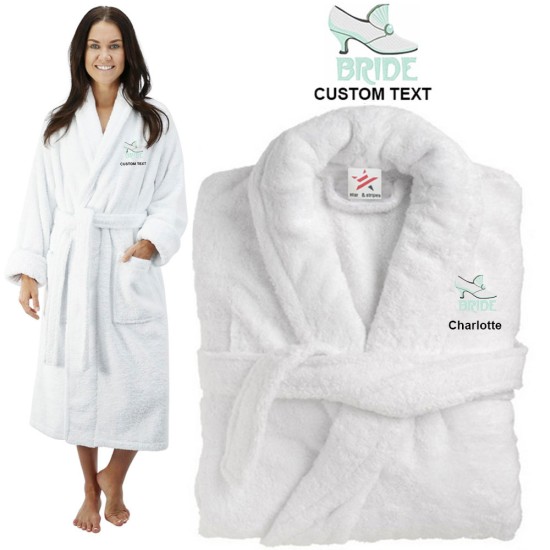Deluxe Terry cotton with bride shoe CUSTOM TEXT Embroidery bathrobe