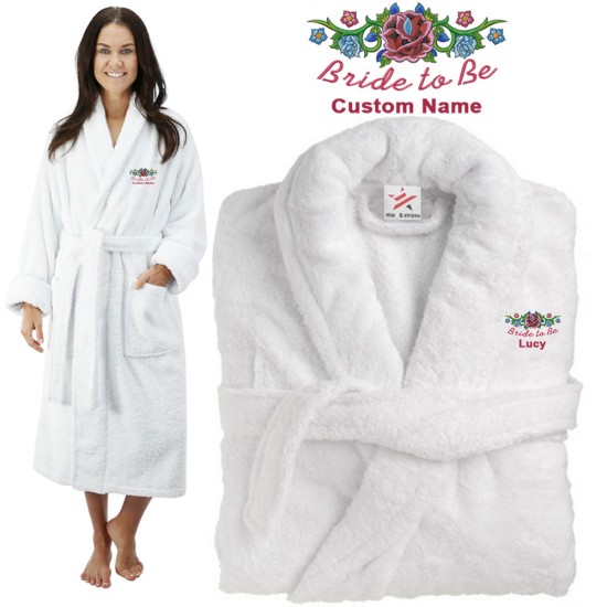 Deluxe Terry cotton with bride to be with flowers CUSTOM TEXT Embroidery bathrobe
