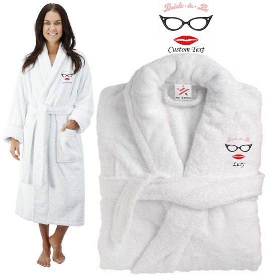 Deluxe Terry cotton with bride to be glasses and lips CUSTOM TEXT Embroidery bathrobe