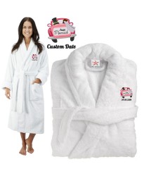 Deluxe Terry cotton with Just Married Bride & Groom in Car CUSTOM TEXT Embroidery bathrobe