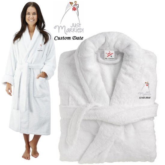 Deluxe Terry cotton with Just Married Bride & Groom Couple CUSTOM TEXT Embroidery bathrobe