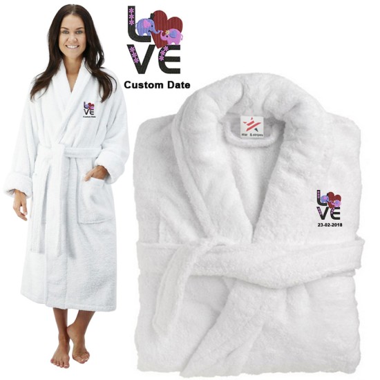 Deluxe Terry cotton with Cute elephant with Love CUSTOM TEXT Embroidery bathrobe