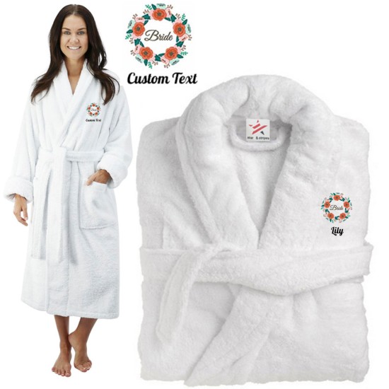 Deluxe Terry cotton with bride floral ring CUSTOM TEXT Embroidery bathrobe