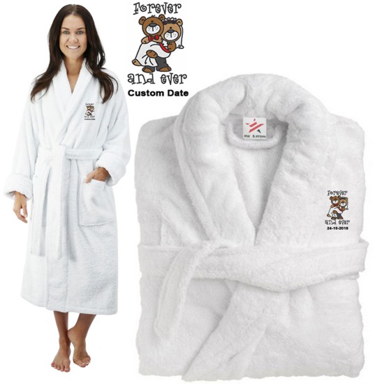 Deluxe Terry cotton with cute teddy bride & groom forever & ever CUSTOM TEXT Embroidery bathrobe