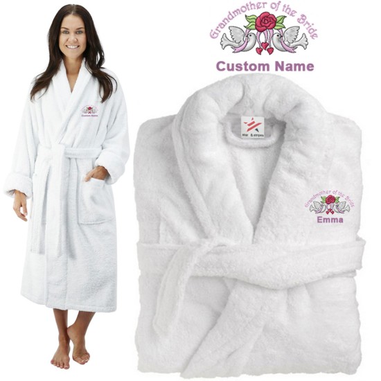 Deluxe Terry cotton with grandmother of the bride with birds CUSTOM TEXT Embroidery bathrobe
