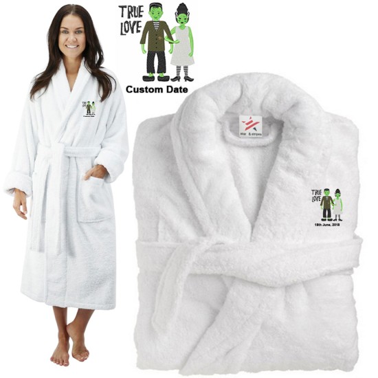 Deluxe Terry cotton with True Love Bride & Groom Frankenstein CUSTOM TEXT Embroidery bathrobe