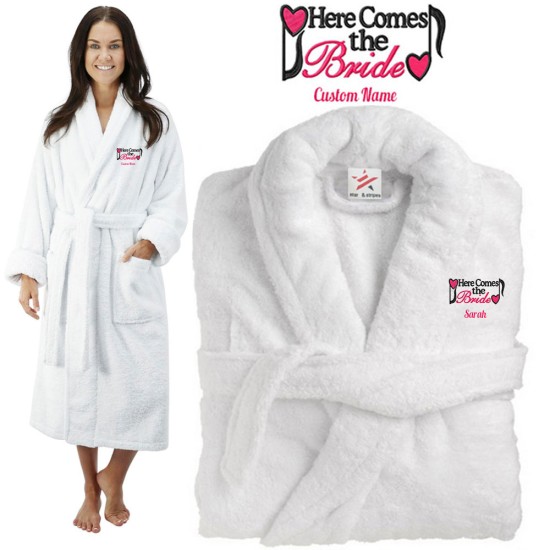 Deluxe Terry cotton with here comes the bride musical notes CUSTOM TEXT Embroidery bathrobe