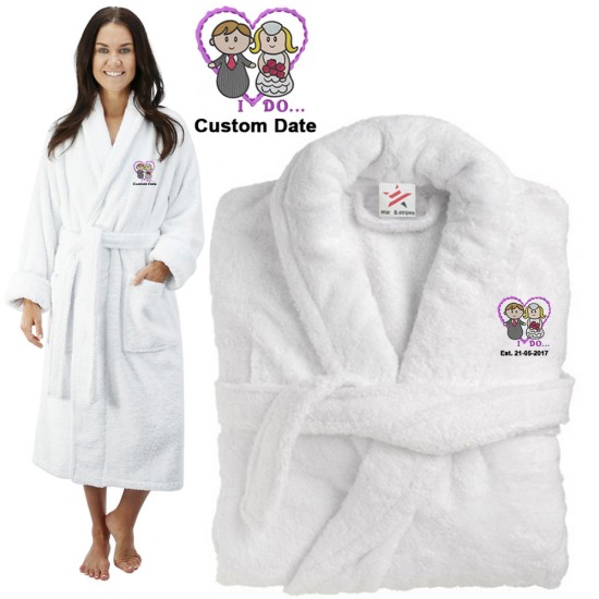 Deluxe Terry cotton with cute bride & groom i do CUSTOM TEXT Embroidery bathrobe