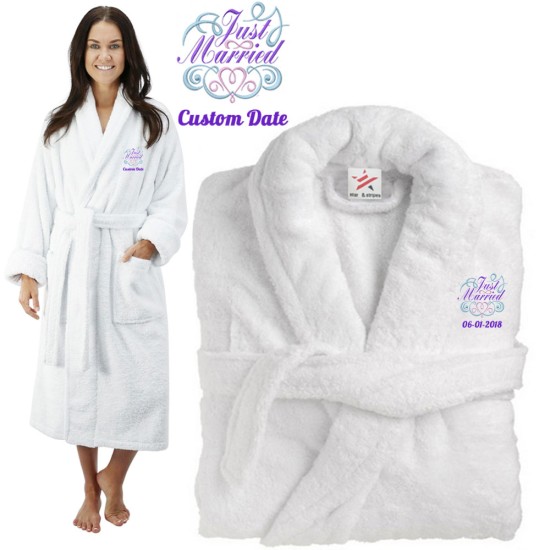 Deluxe Terry cotton with Just Married Floral Style CUSTOM TEXT Embroidery bathrobe