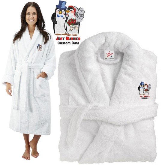 Deluxe Terry cotton with Just Married Bride And Groom Penguin CUSTOM TEXT Embroidery bathrobe