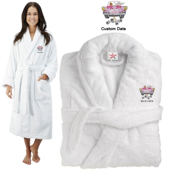 Deluxe Terry cotton with just married couple wedding car CUSTOM TEXT Embroidery bathrobe