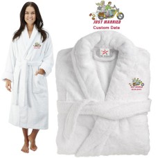 Deluxe Terry cotton with just married biker couple CUSTOM TEXT Embroidery bathrobe
