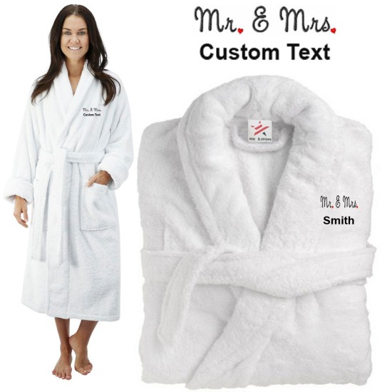 Deluxe Terry cotton with mr & mrs in script stlye CUSTOM TEXT Embroidery bathrobe