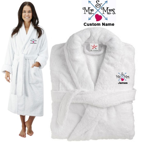 Deluxe Terry cotton with Mr & Mrs Arrows & Hearts CUSTOM TEXT Embroidery bathrobe