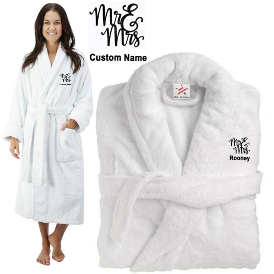 Deluxe Terry cotton with Mr & Mrs Curly Style CUSTOM TEXT Embroidery bathrobe