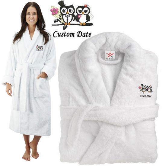 Deluxe Terry cotton with BRIDE AND GROOM CUTE OWL CUSTOM TEXT Embroidery bathrobe