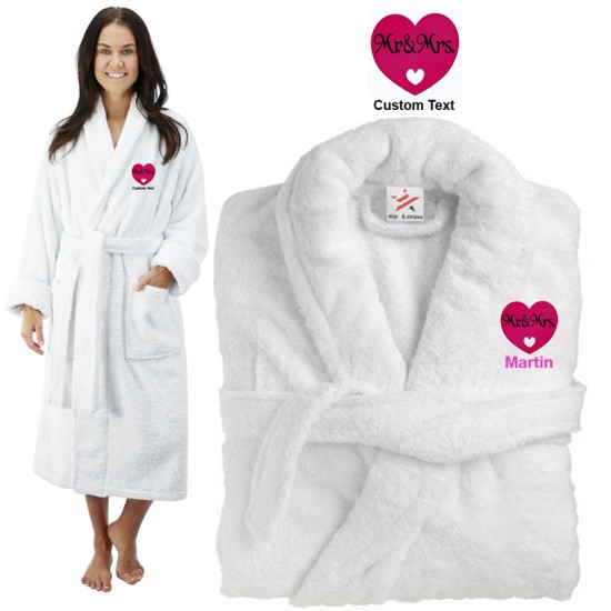 Deluxe Terry cotton with mr & mrs in a heart shape CUSTOM TEXT Embroidery bathrobe