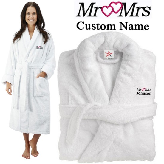 Deluxe Terry cotton with Mr & Mrs 2 Hearts CUSTOM TEXT Embroidery bathrobe