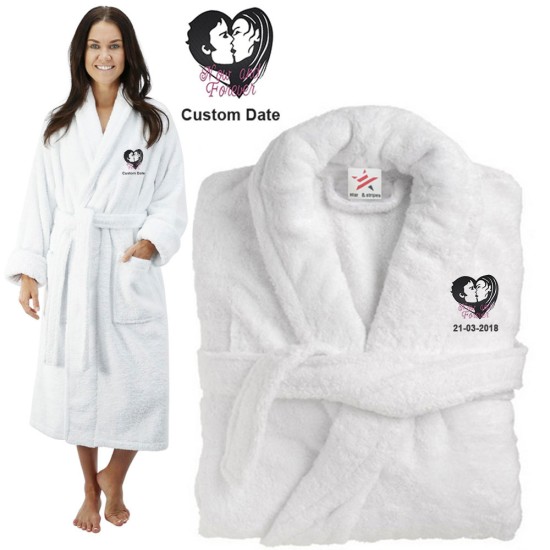 Deluxe Terry cotton with bride groom kiss now and forever CUSTOM TEXT Embroidery bathrobe