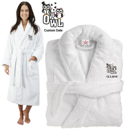 Deluxe Terry cotton with love owl family clipart CUSTOM TEXT Embroidery bathrobe