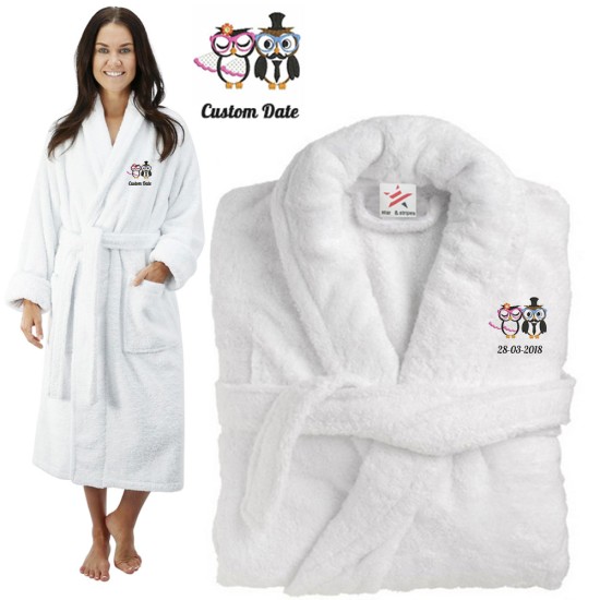 Deluxe Terry cotton with him her owl couple CUSTOM TEXT Embroidery bathrobe